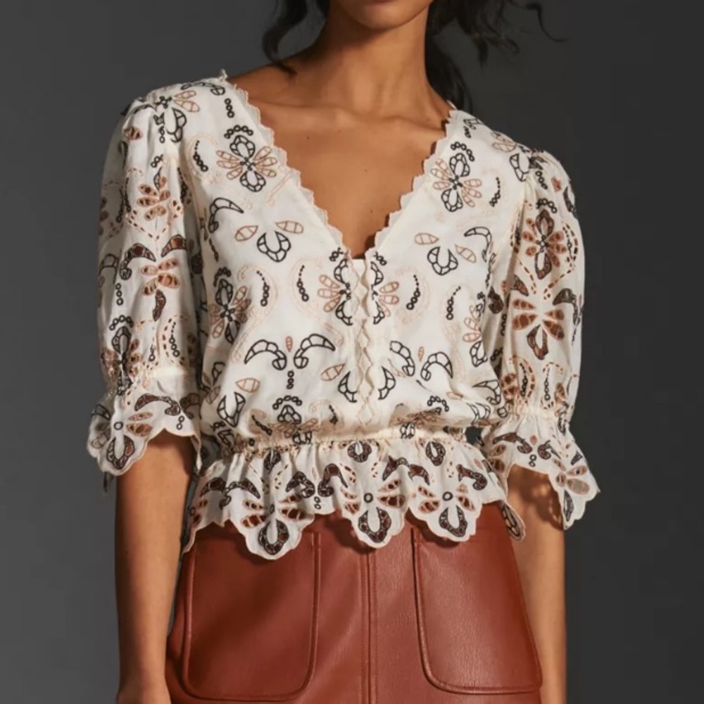 Anthropologie Eyelet Floral Embroidered Blouse